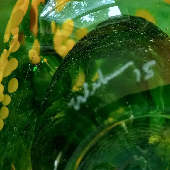 Art Glass Swirling Green/ Yellow Flowers Paperweight Signed Wilkerson '15   - Picture 6 of 7